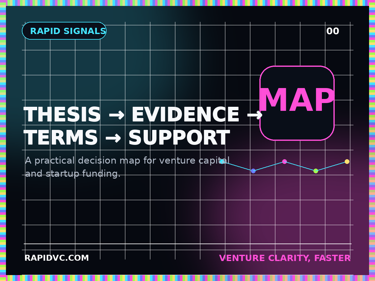 Abstract venture capital decision map connecting thesis, evidence, terms, and portfolio support